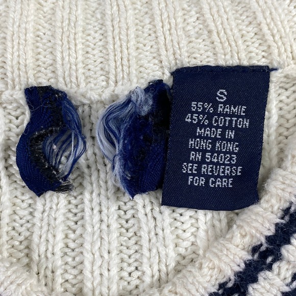 Vintage Sweater Ribbed Knit Striped V-Neck Varsity Cream Navy Sz S Tennis Preppy - Picture 4 of 10